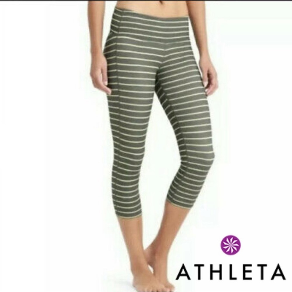 Athleta Green Striped Stretch Pull On Yoga Activewear Running Cropped Leggings